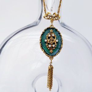 Vintage LJM Emerald Green Enamel Gold-tone Necklace